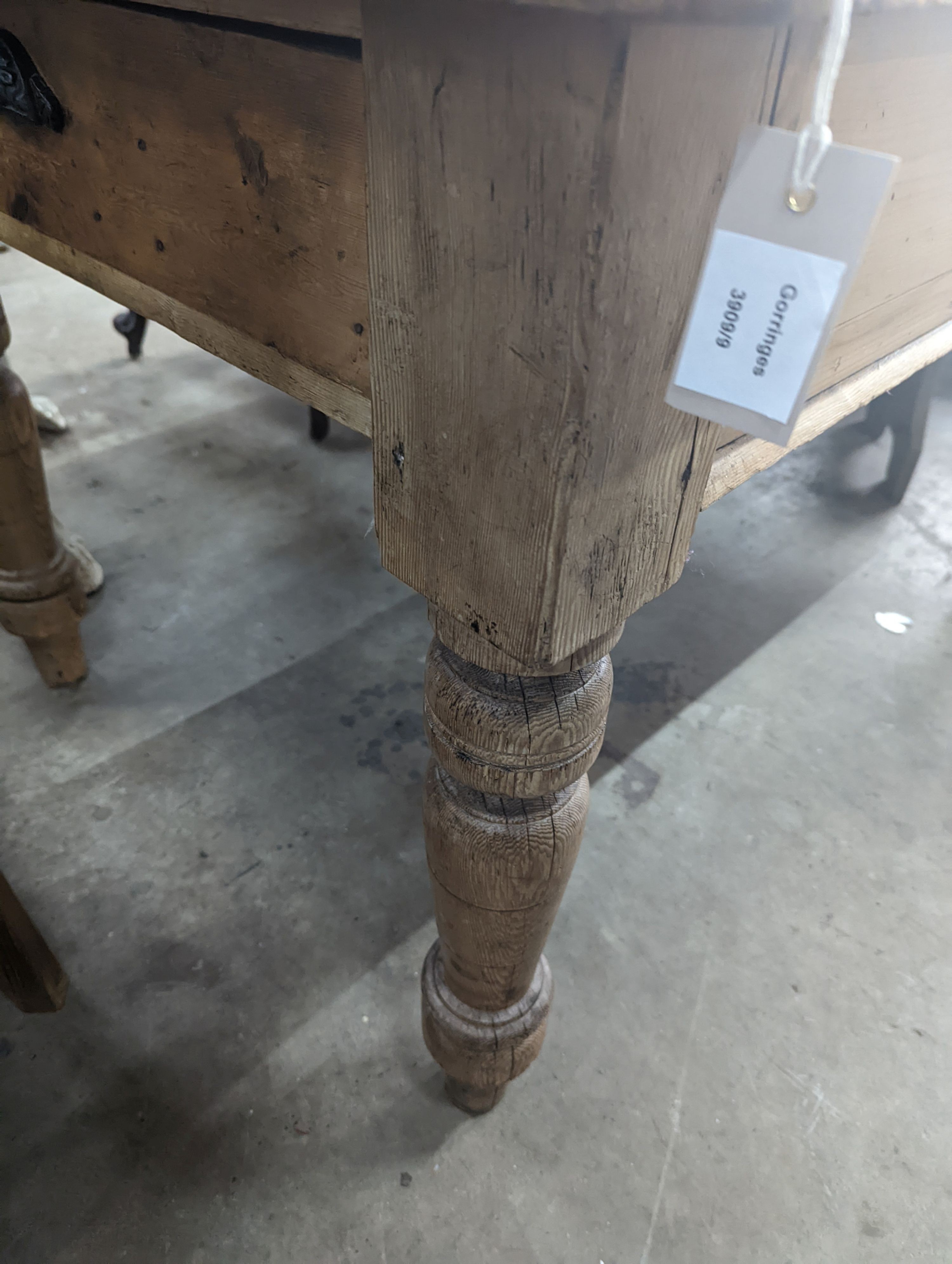 A Victorian pine kitchen table, fitted drawer, width 120cm, depth 86cm, height 74cm